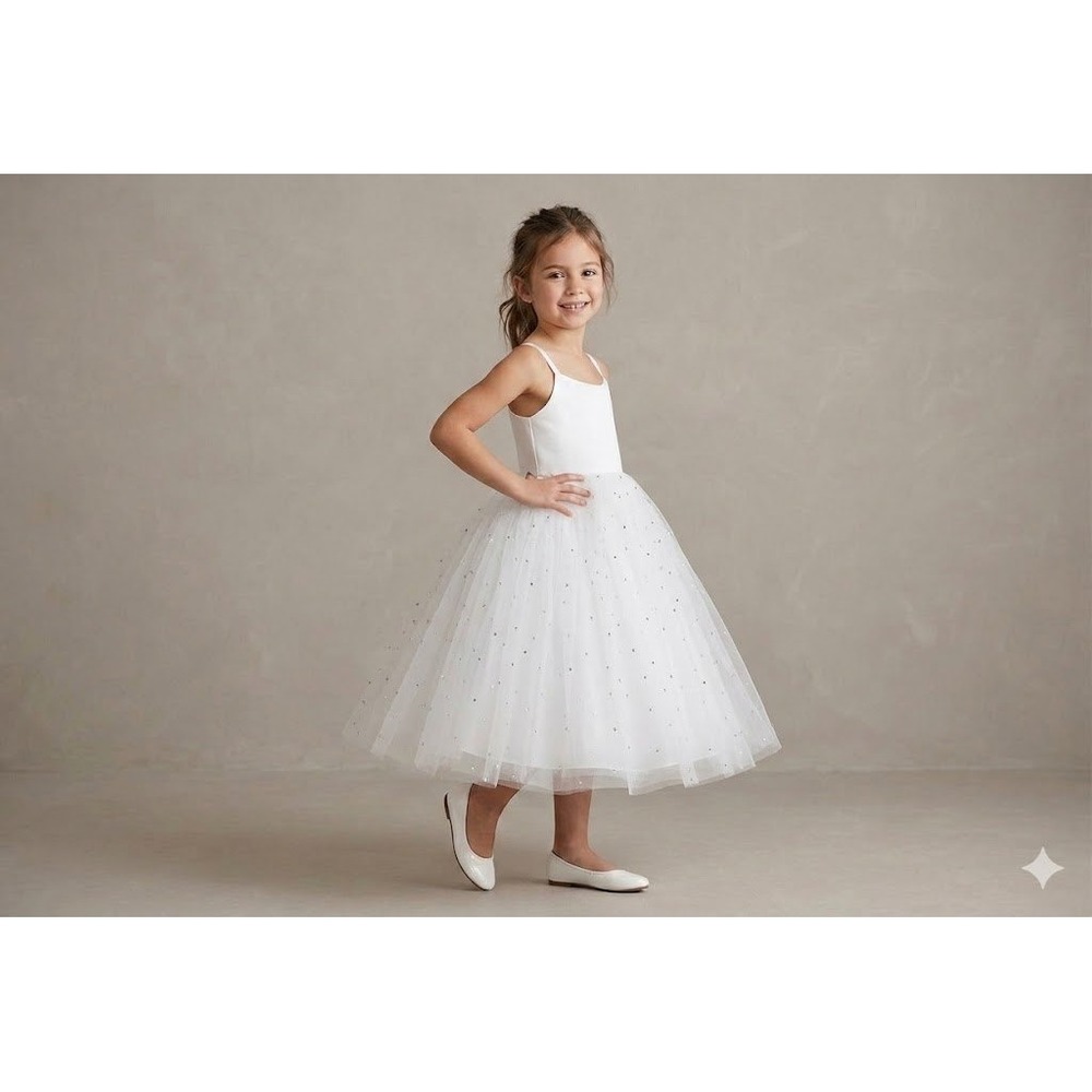 Sweet Beginnings Flower Girl Dress Kids White Sequin‎ Tulle Satin Gown